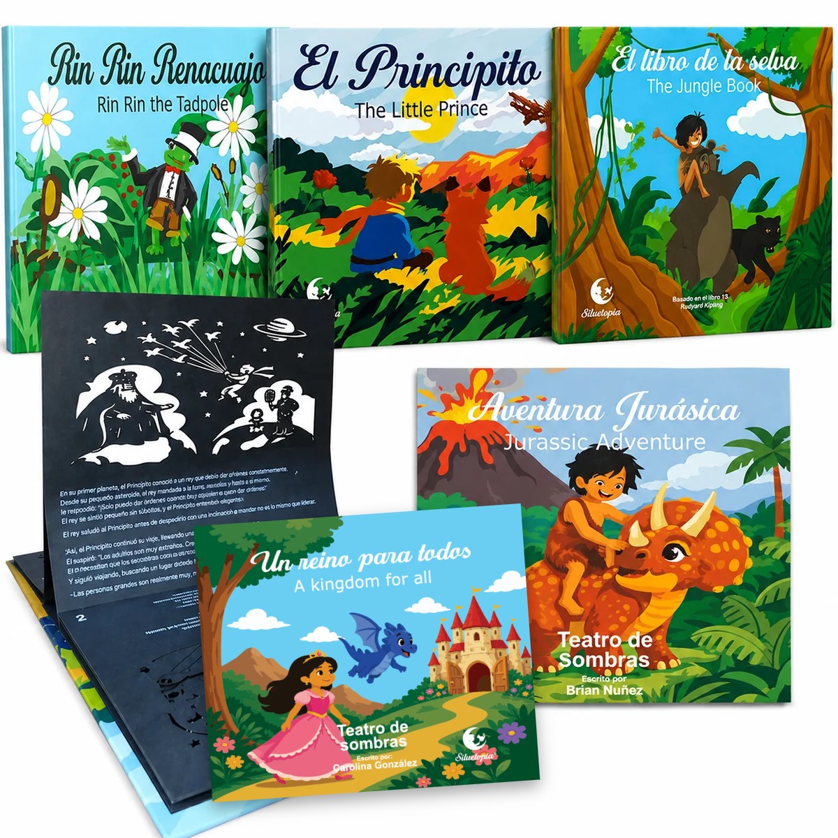 Libros de teatro de sombras Siluetopía: cinco historias bilingües con marionetas