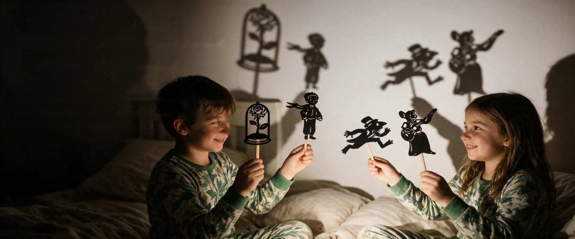 Dos niños jugando con marionetas de Siluetopía y sus sombras en la pared