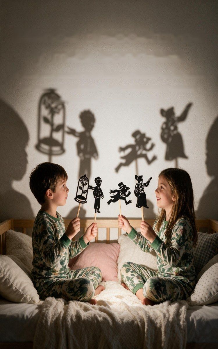 Niños jugando con marionetas de Siluetopía y sus sombras en la pared